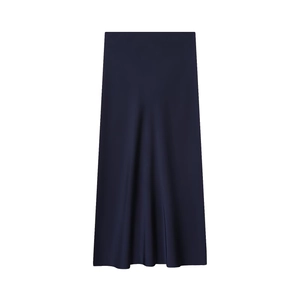 Elegant navy blue satin midi skirt with a smooth silky finish and a straight-cut design