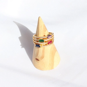 Adjustable gold plated stackable ring with vibrant rectangular colorful zircons