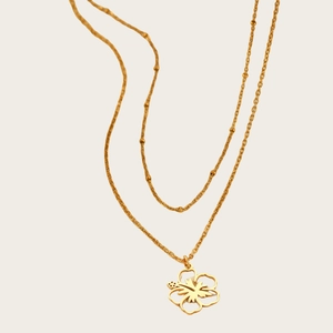 Double-layered 18K gold plated stainless steel necklace featuring hollow flower pendant