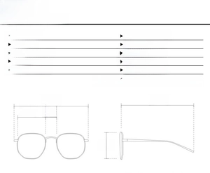 Detailed size chart for polygon metal sunglasses showing frame width and lens dimensions