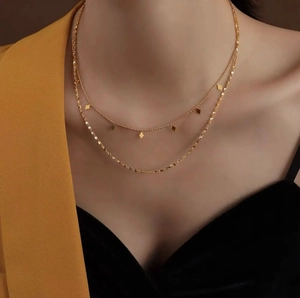 Double-layer gold titanium necklace with geometric diamond-shaped pendants for women