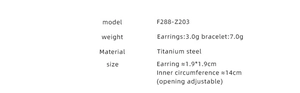 Detailed spec sheet showing titanium steel earring and bracelet set dimensions and weight