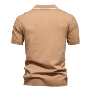 Rear view of men's knitted polo shirt in camel color showing premium fabric texture