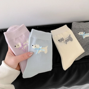 Calze da donna in cotone con ricamo di cane Westie e dettagli decorativi con fiocco 3D