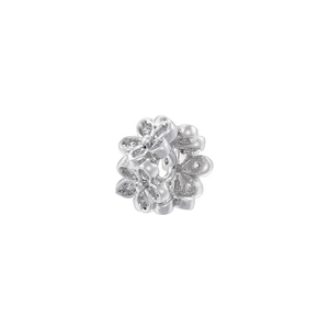 Detailed view of flower-shaped silver plated metal spacer bead for DIY jewelry making