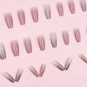 Long ballet coffin press-on nails with pink gradient and silver glitter sequin accents