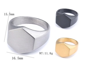 Detail view of hexagonal brushed metal signet rings in silver, black and gold finishes