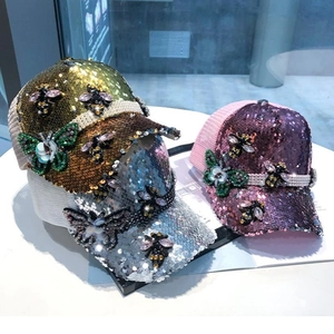 Women's Fashion Sequin Baseball Cap 3D Rhinestone Butterfly Bee Mesh Breathable Sun Hat Glitter Snapback Sweet Outdoor Headwear