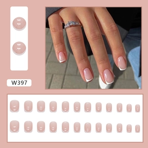 Pink glitter French press-on nails in short square shape, 24-piece manicure set W397
