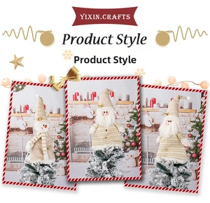 Macro view of knitted Santa Claus and snowman ornaments with golden details and plush trim