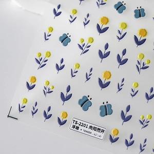 5D embossed floral nail art stickers with yellow flowers and blue butterflies TS-2201
