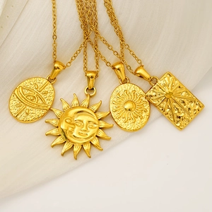 Retro 18K gold plated stainless steel necklaces featuring celestial sun and moon designs