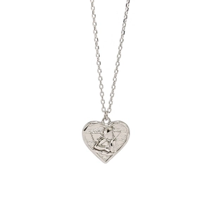 S925 sterling silver heart necklace with angel relief pendant on white background