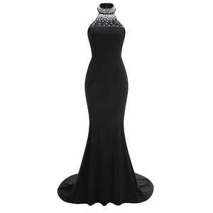 Detail of the halter neckline featuring hand-sewn pearls and rhinestones on black dress