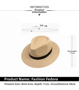 Size guide for straw fedora hat featuring brim 6cm, depth 11cm, and circumference 58cm