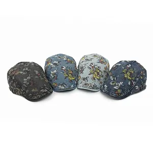 Vintage floral pattern washed denim beret hats in four colors on white background