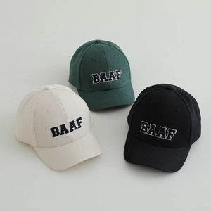 BAAF letter embroidered baseball caps for kids in dark green, beige, and black cotton