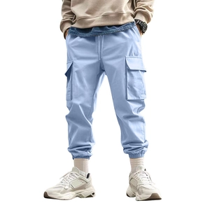 Light blue men's cargo pants with multi-pockets and drawstring cuffs in cotton twill
