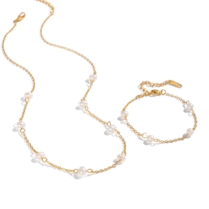 Minimalist 18K gold plated stainless steel necklace and bracelet set with freshwater pearls