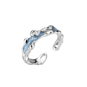 Minimalist S925 silver open ring with blue liquid metal texture and enamel finish