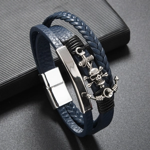 Handmade multilayer men's leather bracelet with silver skull charm and anchor details