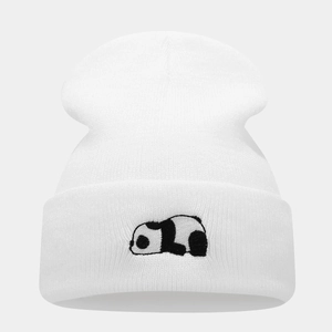 White knitted beanie for men and women featuring a cute panda embroidery on the cuff