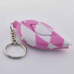 Pink leaf-shaped personal security alarm with a durable metal keychain and chain link