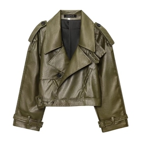 Detailed close-up of army green PU leather jacket showing vintage lapels and epaulettes