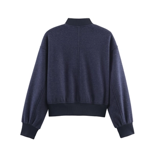 Rear view of a navy blue cropped wool tweed bomber jacket with ribbed collar and cuffs