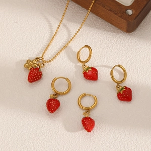Stainless Steel Strawberry Cherry Fruit Jewelry Necklace And Hoop Earrings Cute Pastoral Summer Style Enamel For Women
