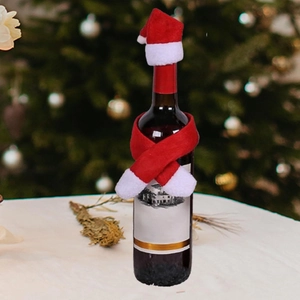 Mini Christmas wine bottle decoration set featuring red scarf and plush Santa hat