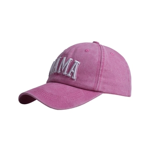 Detail of MAMA 3D embroidery on rose pink washed cotton canvas baseball cap surface