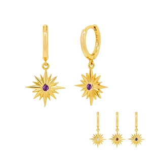 Macro detail of S925 silver gold star earrings featuring multi-color zircon stones