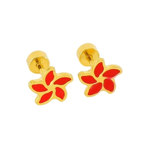 Detail of red flower stud earrings with 18k gold plating and secure screw back design