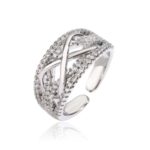 Silver plated criss cross ring with sparkling zircon stones in an open adjustable design