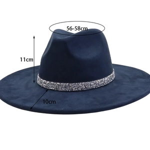 Detail view of navy blue faux suede fedora with rhinestone band and size measurements