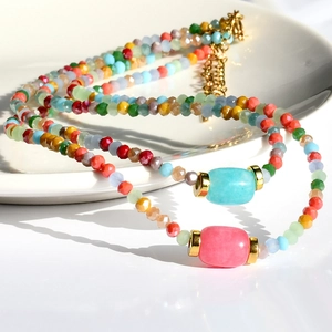 Bohemian colorful beaded necklace with faceted crystals and golden lobster clasp closure