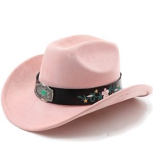 Pink suede western cowboy hat featuring floral embroidered band and turquoise buckle detail