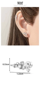 Detailed view of geometric zircon cartilage stud earrings with size measurements