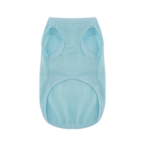 Detail of light blue cotton pet vest with professional binding on neckline and armholes
