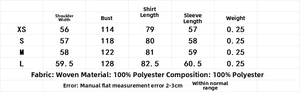 Size chart for loose V-neck shirt with polyester fabric details and measurements