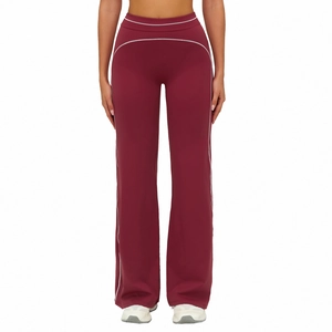 Women's burgundy high waist flared sports trousers with white contrast piping details