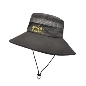 Outdoor black sun hat with breathable mesh, mountain logo, and adjustable chin strap