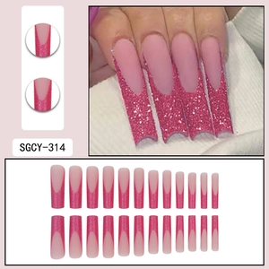 Extra long square French tip press-on nails with pink glitter and matte base finish