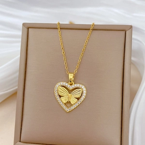 Luxury gold titanium heart necklace with hollow butterfly and crystal pave accents