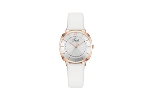 Close-up of the square rose gold watch case and white leather strap on white background
