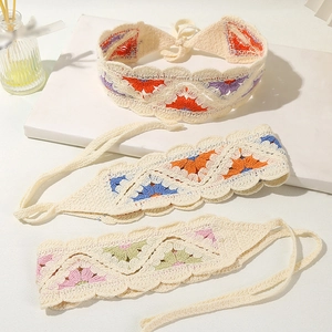 Three pieces of pastoral style floral crochet cotton hair scarves in colorful patterns