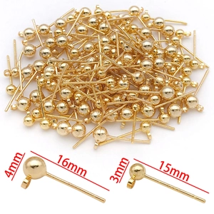 Detailed view of 3mm and 4mm gold plated ball stud earrings with loops for DIY jewelry