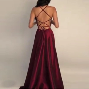 Elegant burgundy V-neck evening gown with sexy open back and cross straps design