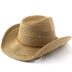 Chapeau de cowboy classique en paille kaki foncé avec large bord et cordon décoratif